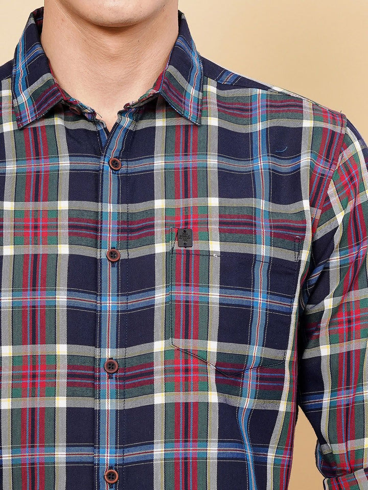 The Indian Garage Co Men Navy Blue & Grey Checked Pure Cotton Casual Shirt
