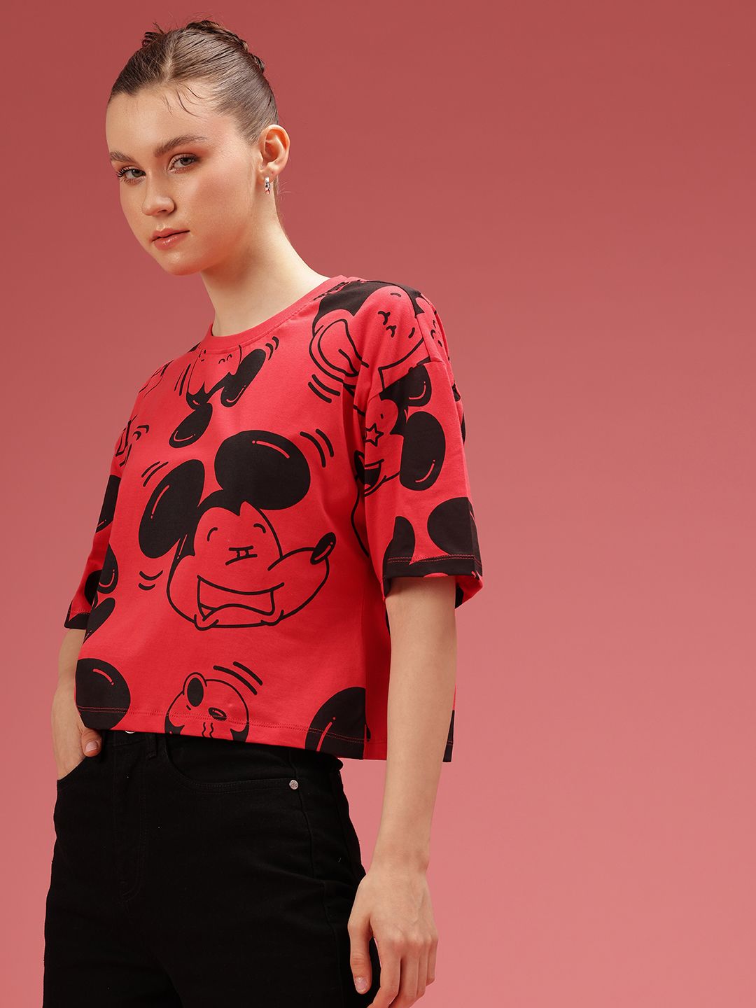 DressBerry Mickey Mouse Printed Drop-Shoulder Sleeves Relaxed Fit Pure Cotton T-shirt