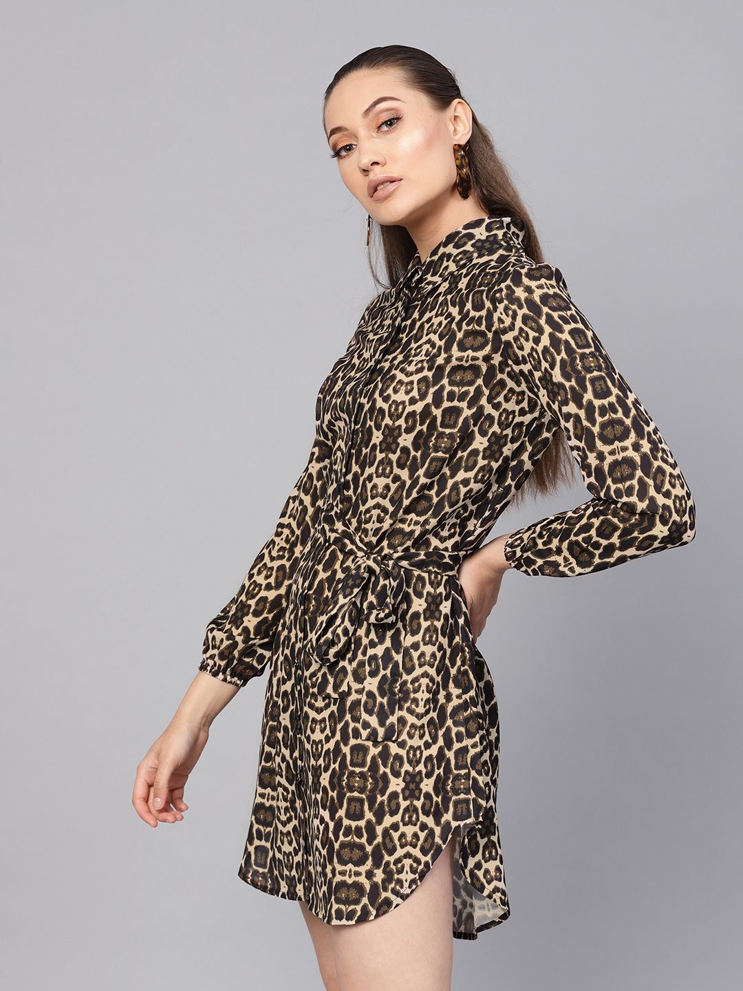 SASSAFRAS Black & Beige Animal Print Mini Shirt Dress