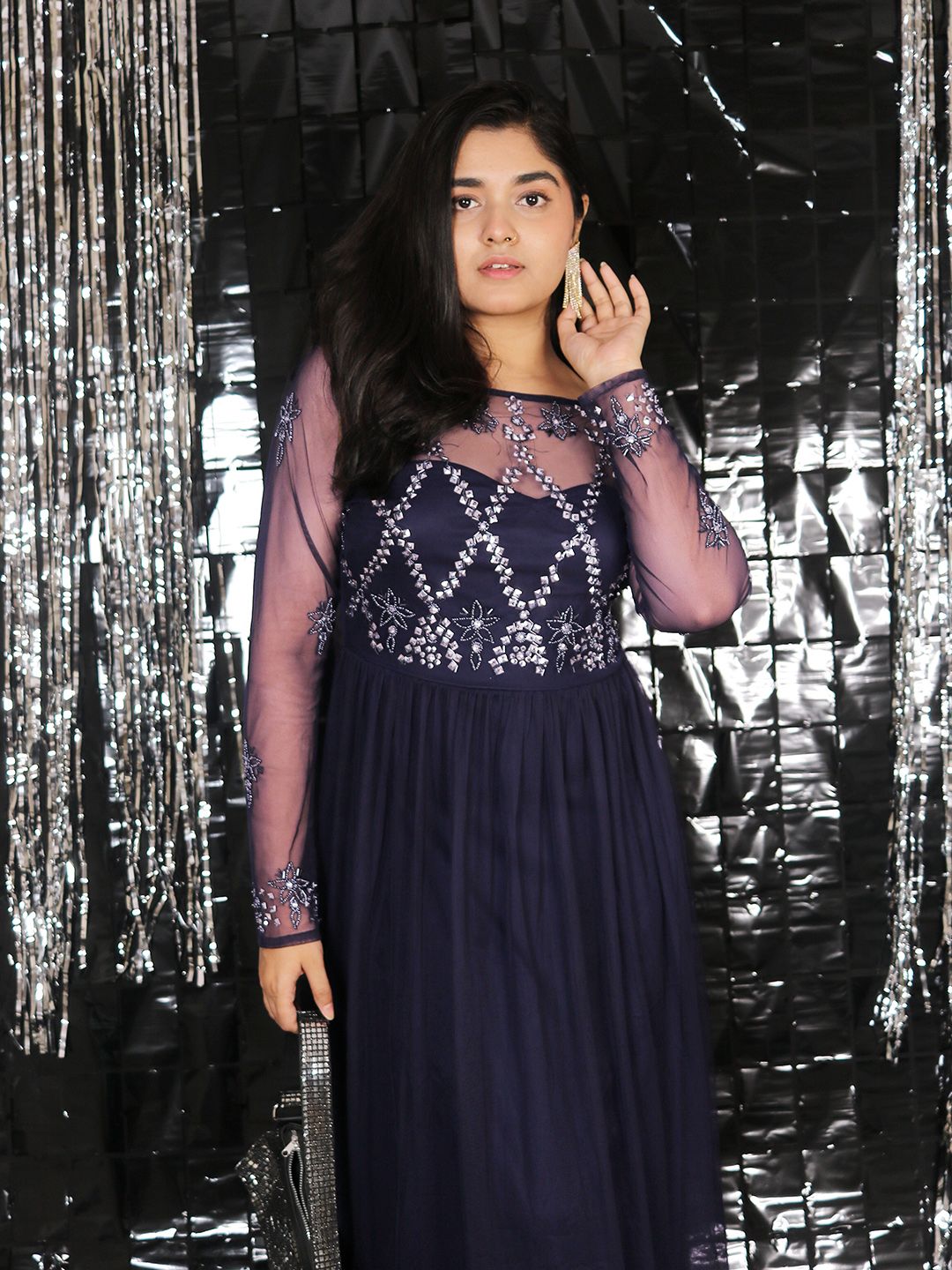 STREET 9 Women Navy Blue Embellished Detail Net Maxi Dress