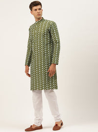 SOJANYA Lelaki Motif Etnik Zaitun Sulam Benang Kerja Kurta dengan Churidar