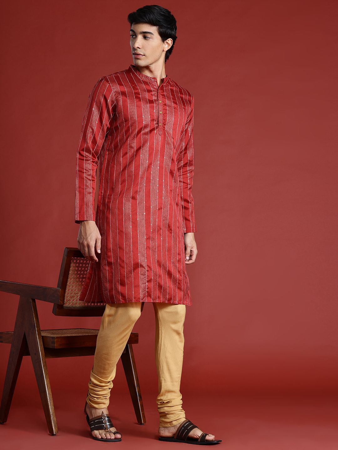 Anouk Tyohaar Collection Striped Sequinned Kurta with Churidar