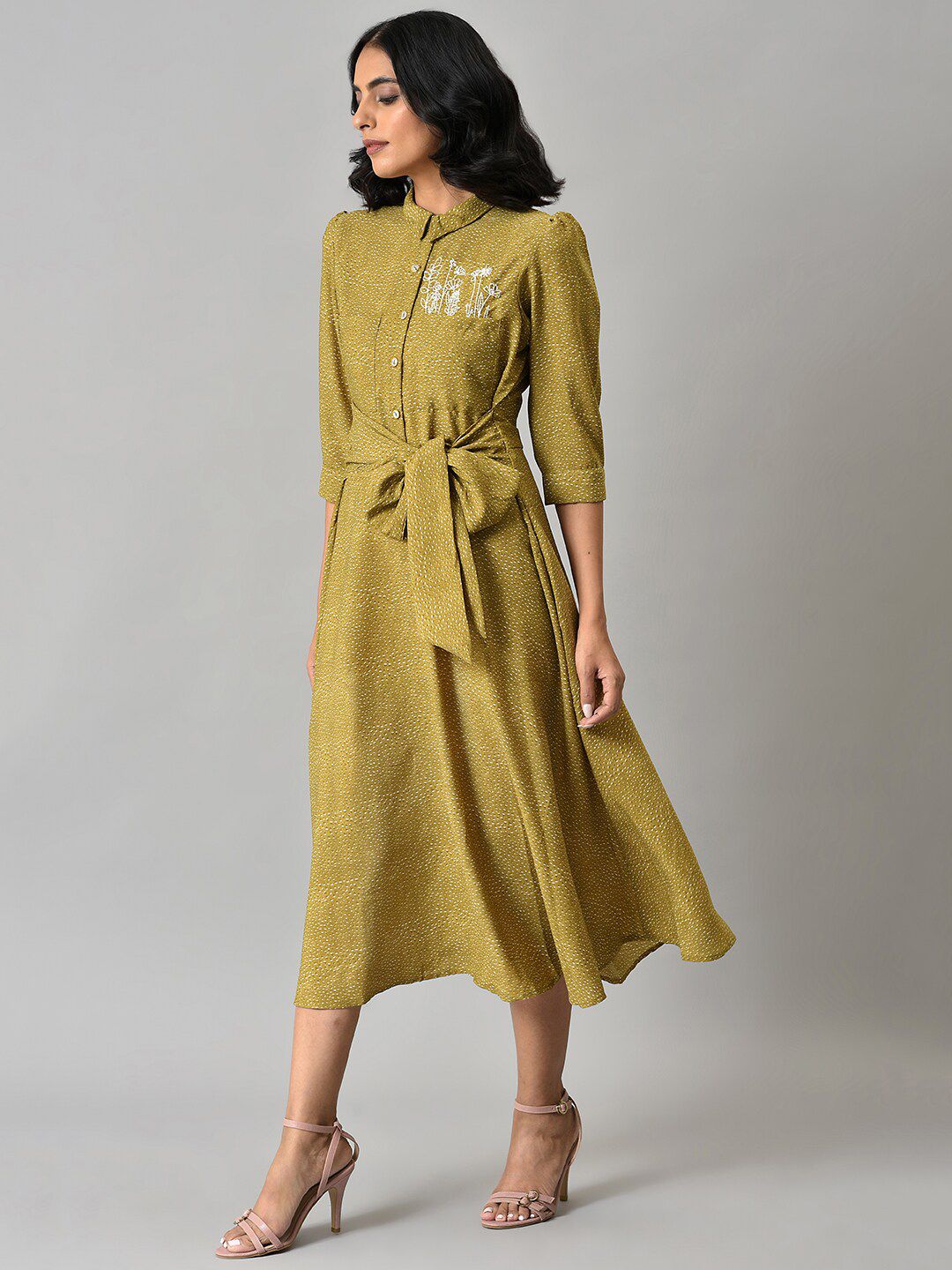 W Women Mustard Waist Belted A-Line Midi Dress