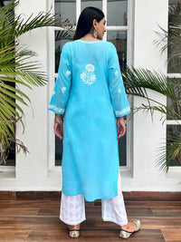 House of Chikankari Women Sky Blue Cotton Chikankari Sulam Kurta