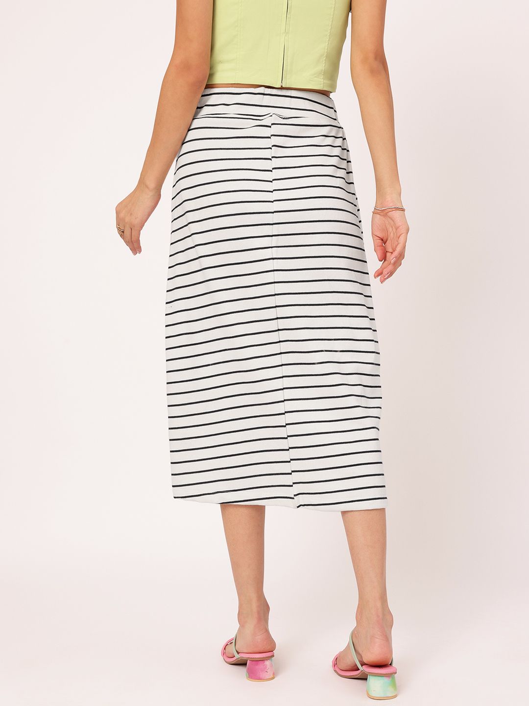 DressBerry Minimal Mono Side-Slit Comfy Cotton Striped Straight Skirt