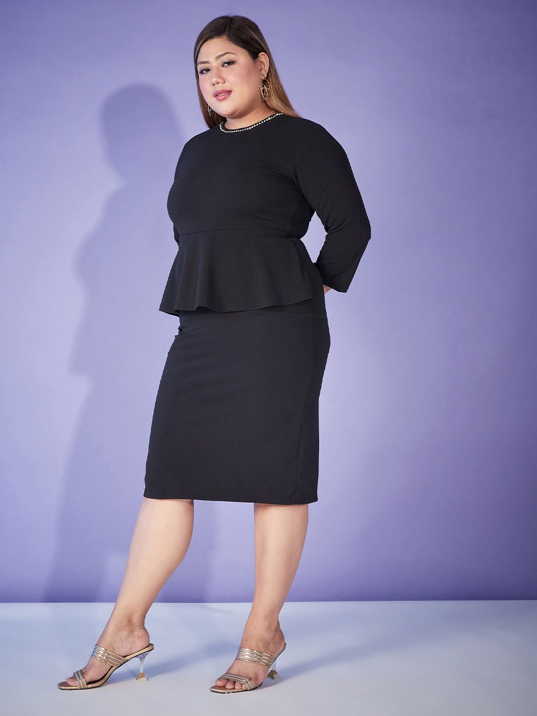 SASSAFRAS Curve Plus Size Black Round Neck Peplum Dress