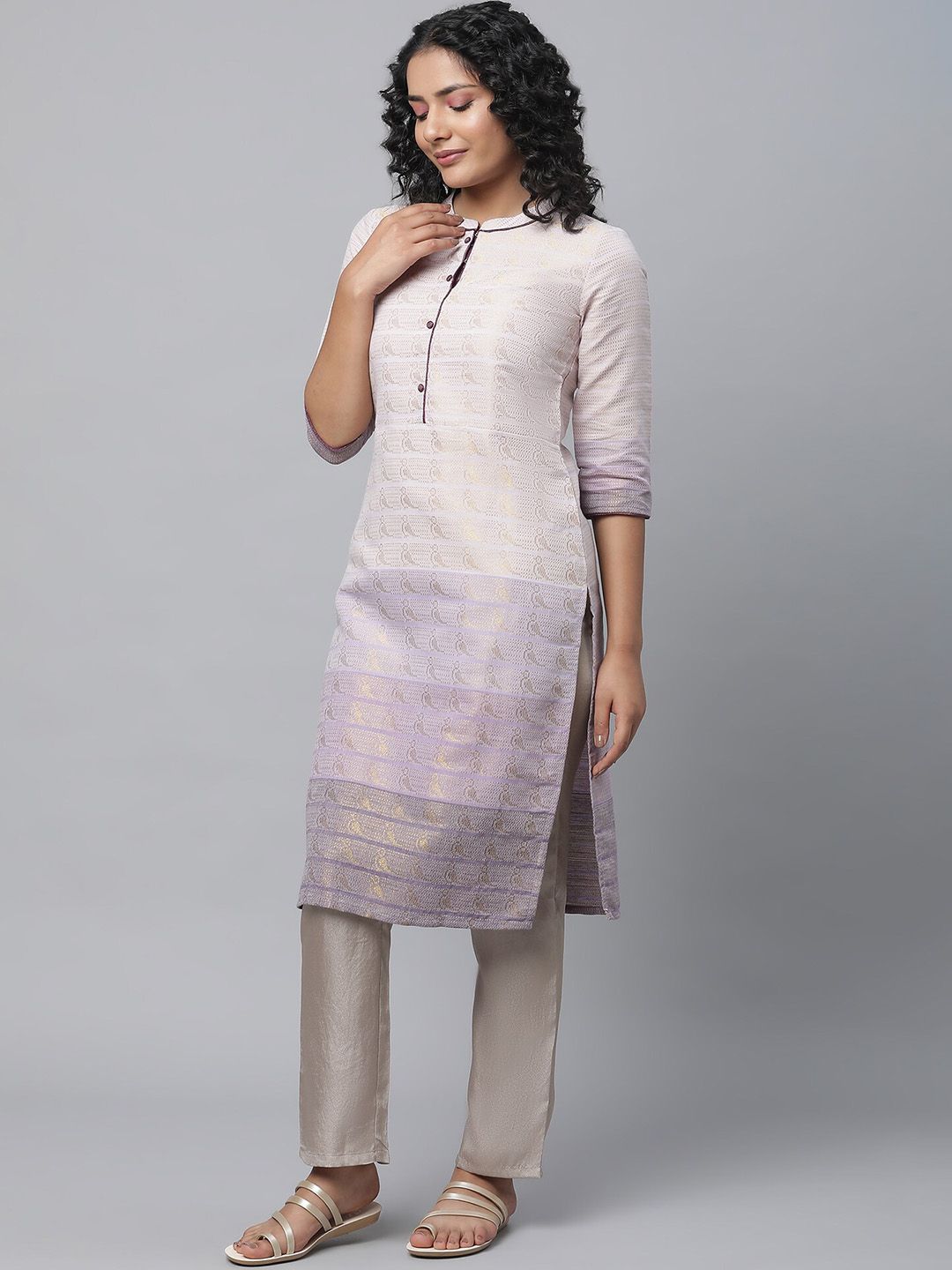 AURELIA Band Collar Woven Design Zari Kurta