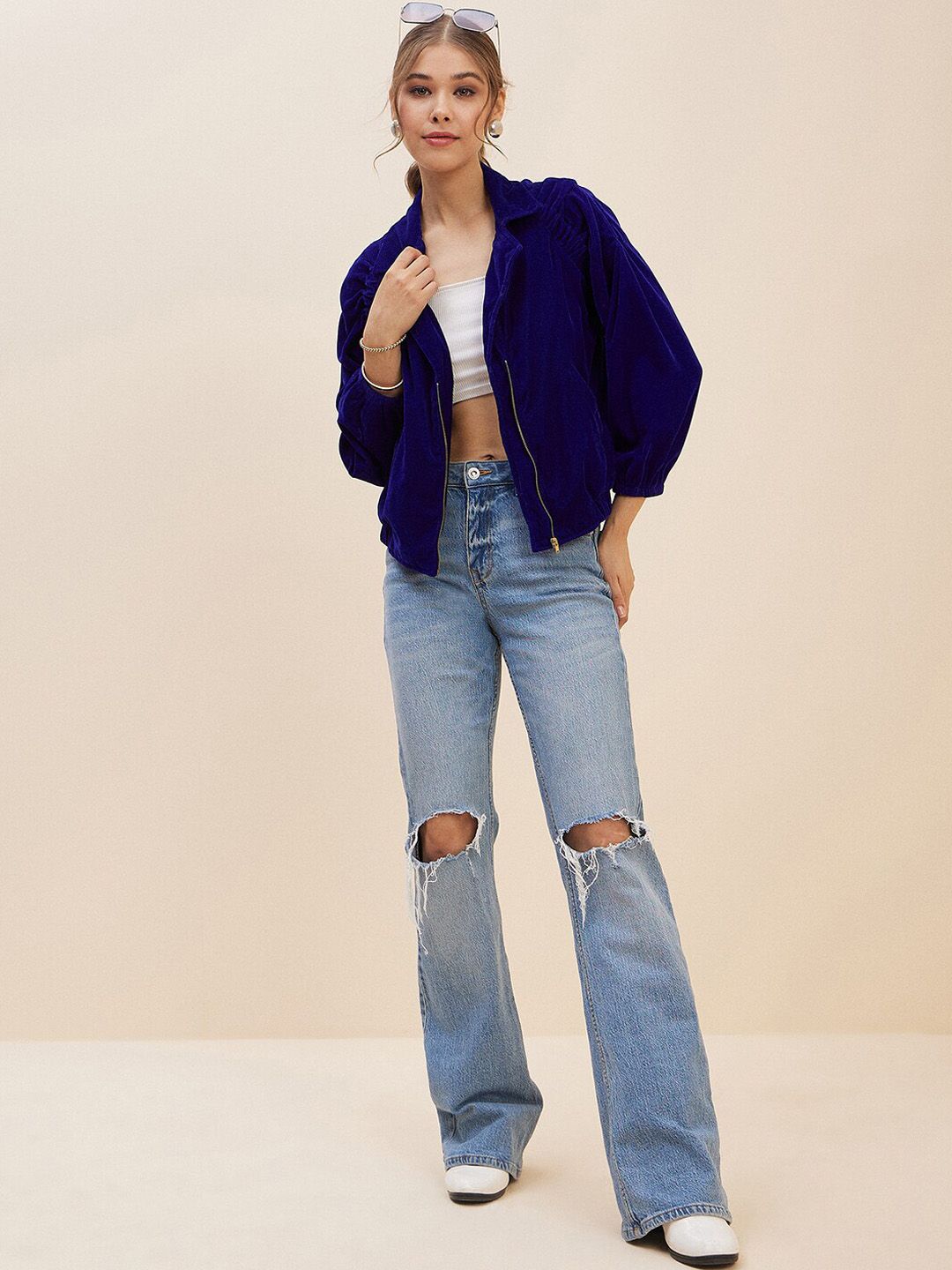 Antheaa Blue Lapel Collar Long Sleeves Velvet Bomber Jacket