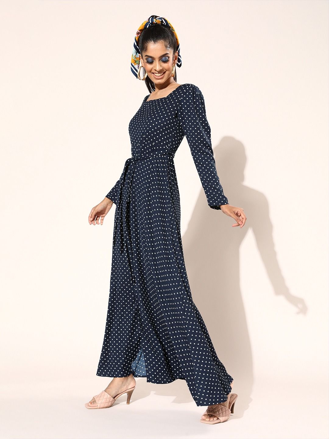Berrylush Navy Blue & White Polka Dot Print Maxi Dress