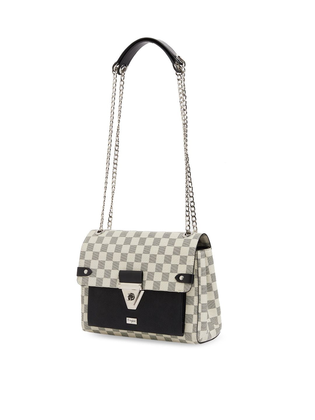 Berrylush Off White Checked Structured Sling Bag