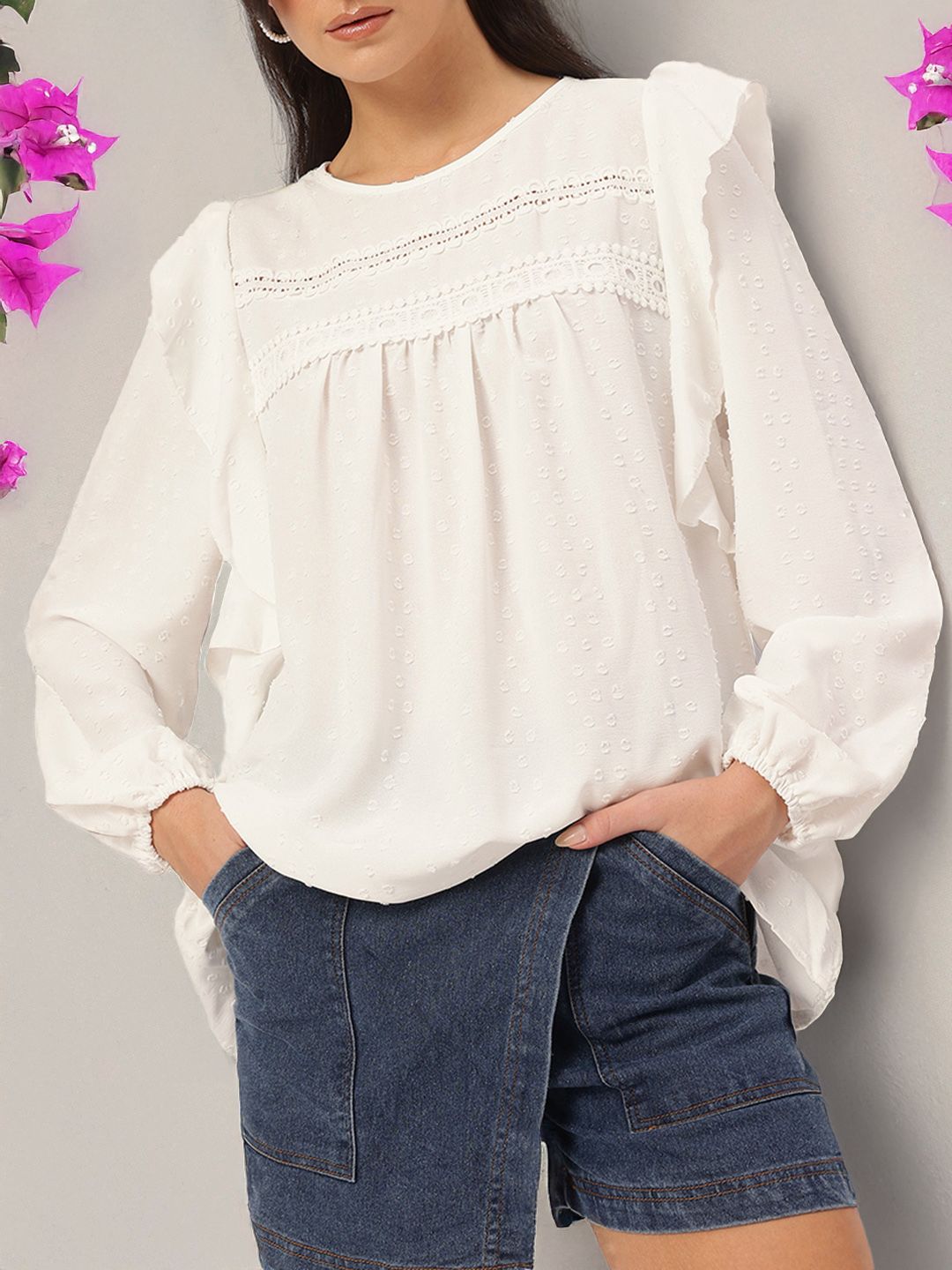 DressBerry Free Spirit Fit Dobby Weave Lace Inserts Ruffled Top