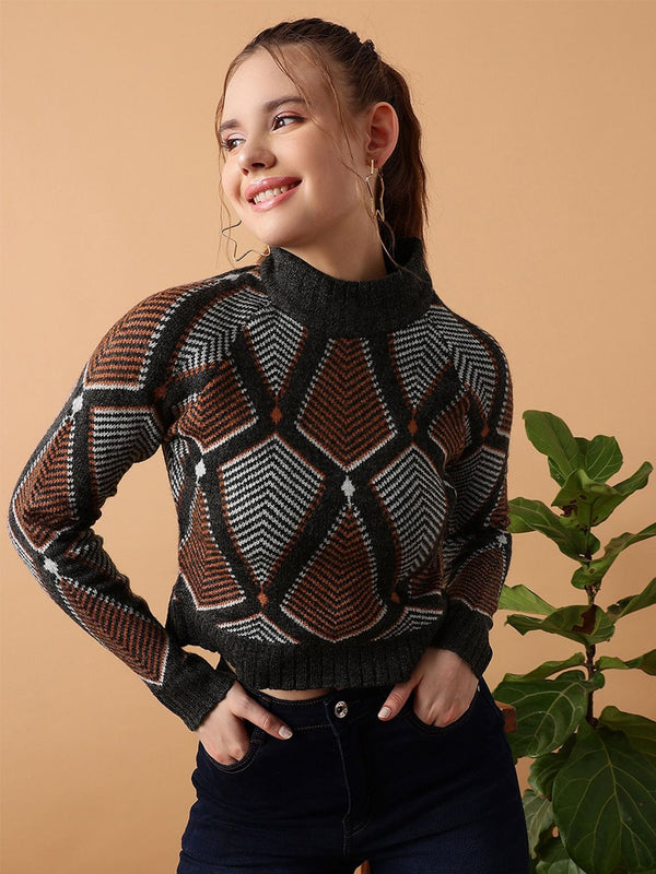 STREET 9 Geometric Printed Turtle Neck Crop Acrylic Pullover Sweater