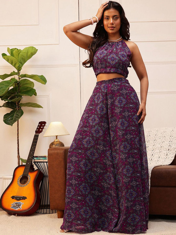 Quiero Floral Printed Round Neck Top dengan Palazzo