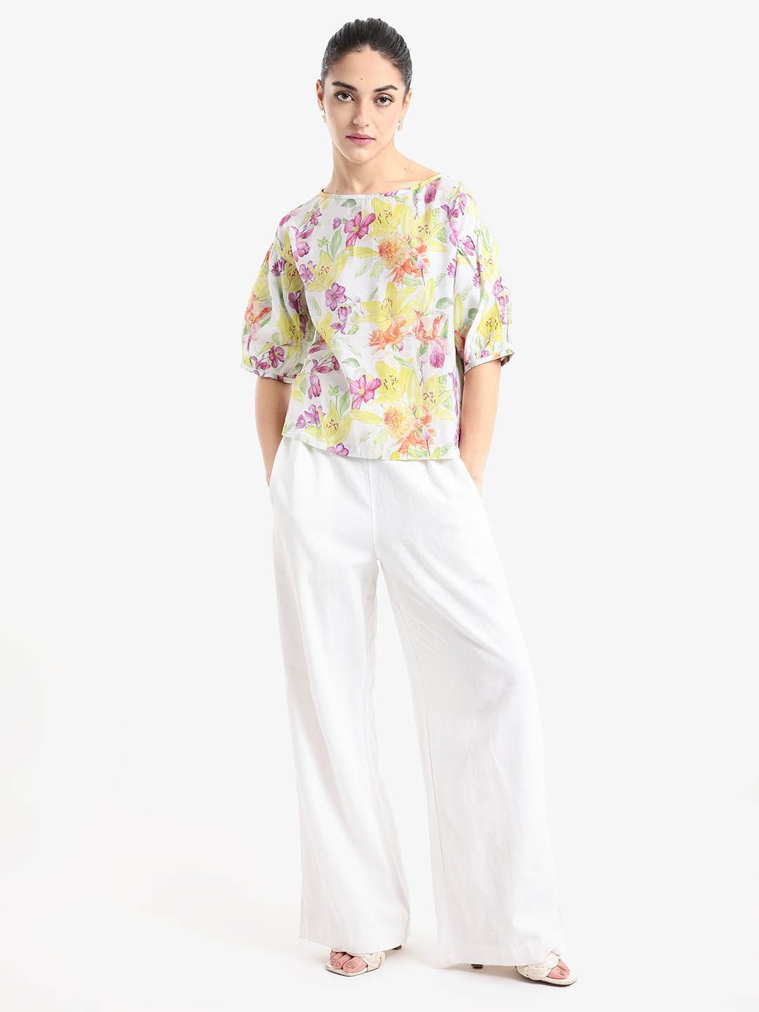RAREISM Floral Print Puff Sleeve Styled Back Top
