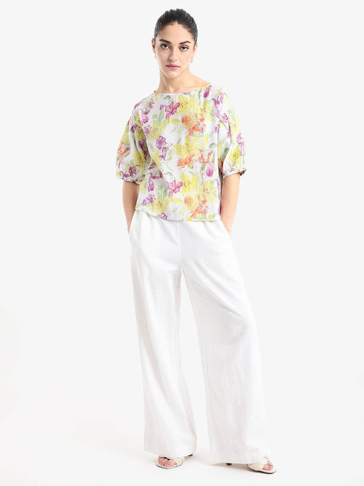 RAREISM Floral Print Puff Sleeve Styled Back Top