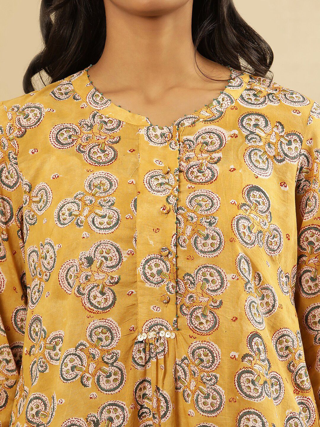 Folk Song  Mandarin Collar Printed Long Sleeves Cotton Top