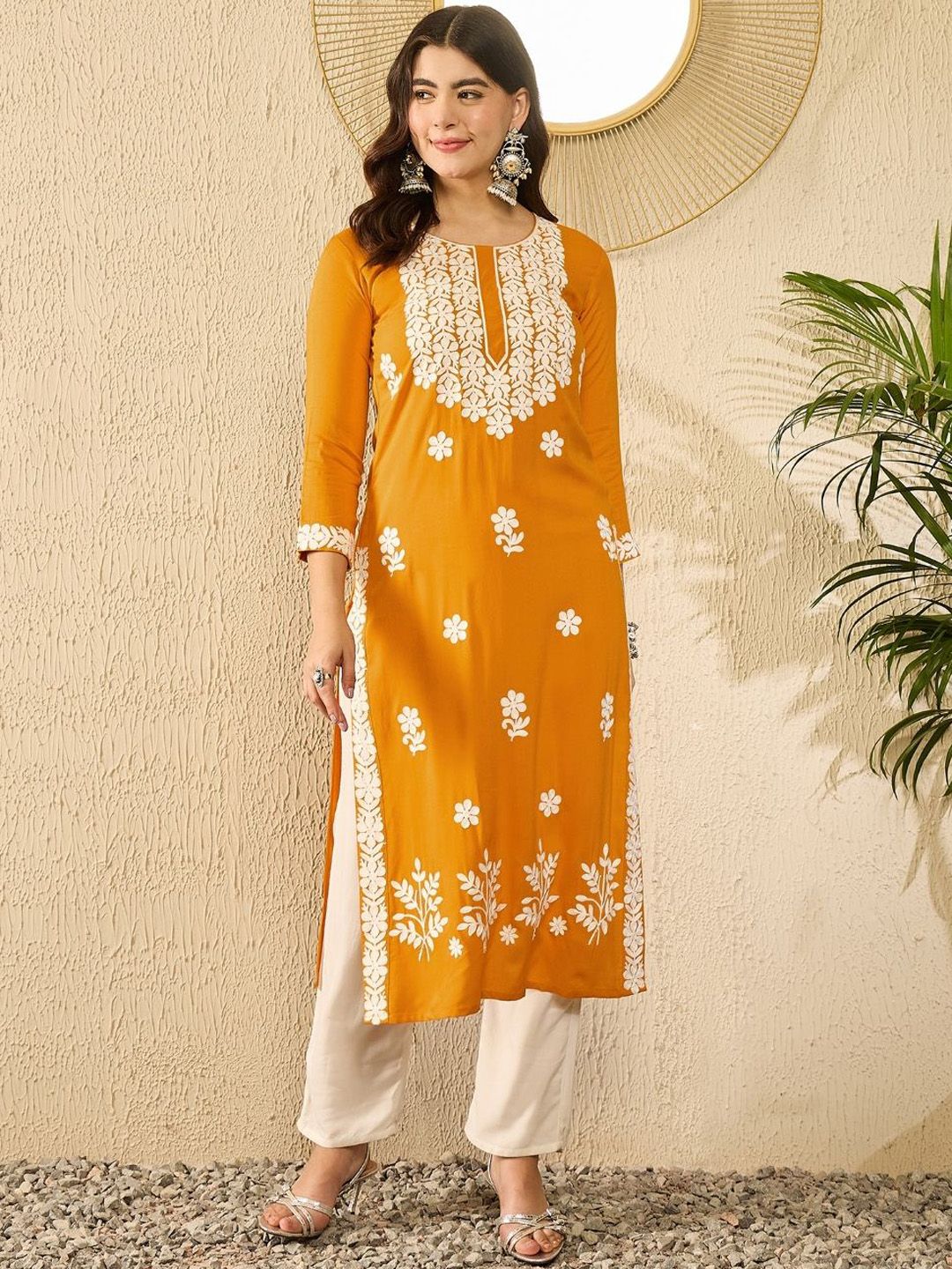 KALINI Floral Embroidered Round Neck Thread Work Straight Kurta