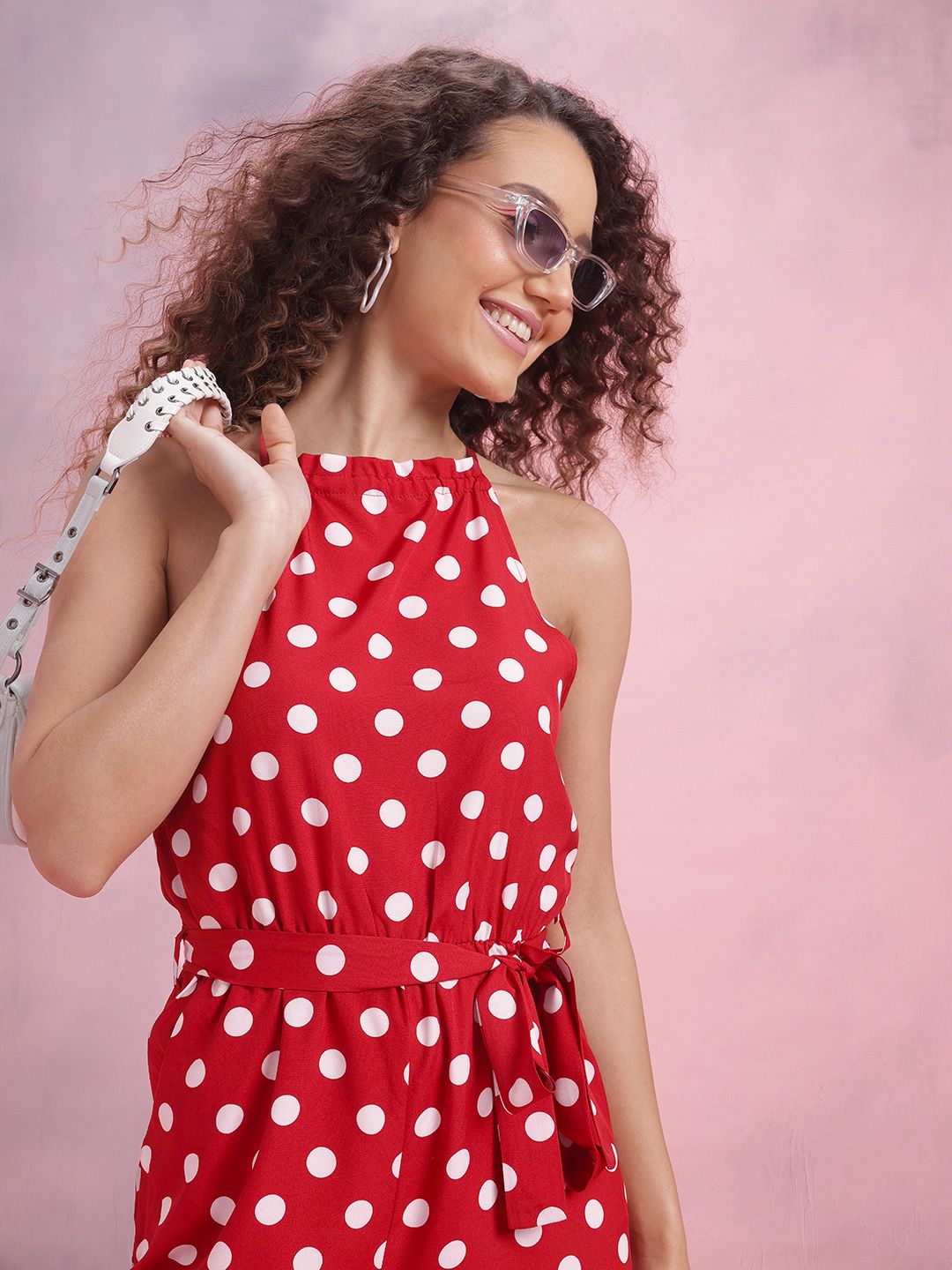 DressBerry Polka Dots Print Basic Jumpsuit with Belt