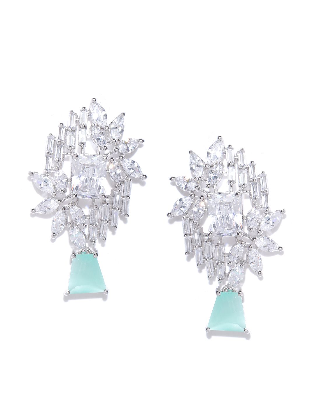 Priyaasi Sea Green Silver Plated Stone Studded Handcrafted Contemporary Drop Earrings