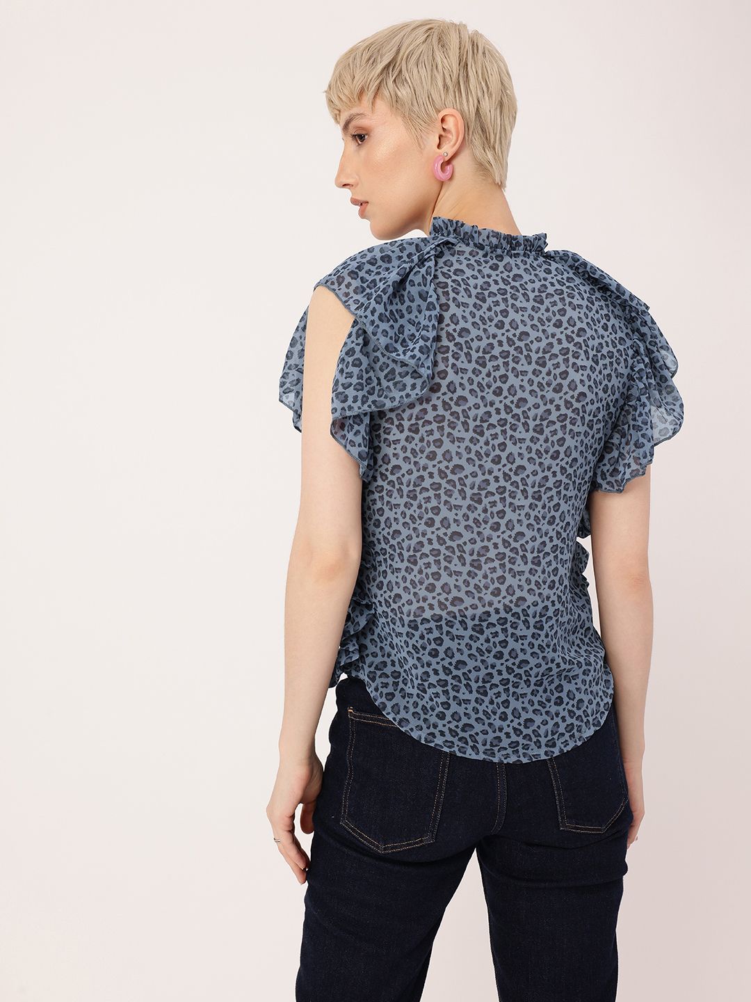 DressBerry Playful Glam Animal Skin Printed Tie-Up Neck Semi Sheer Gathers Top