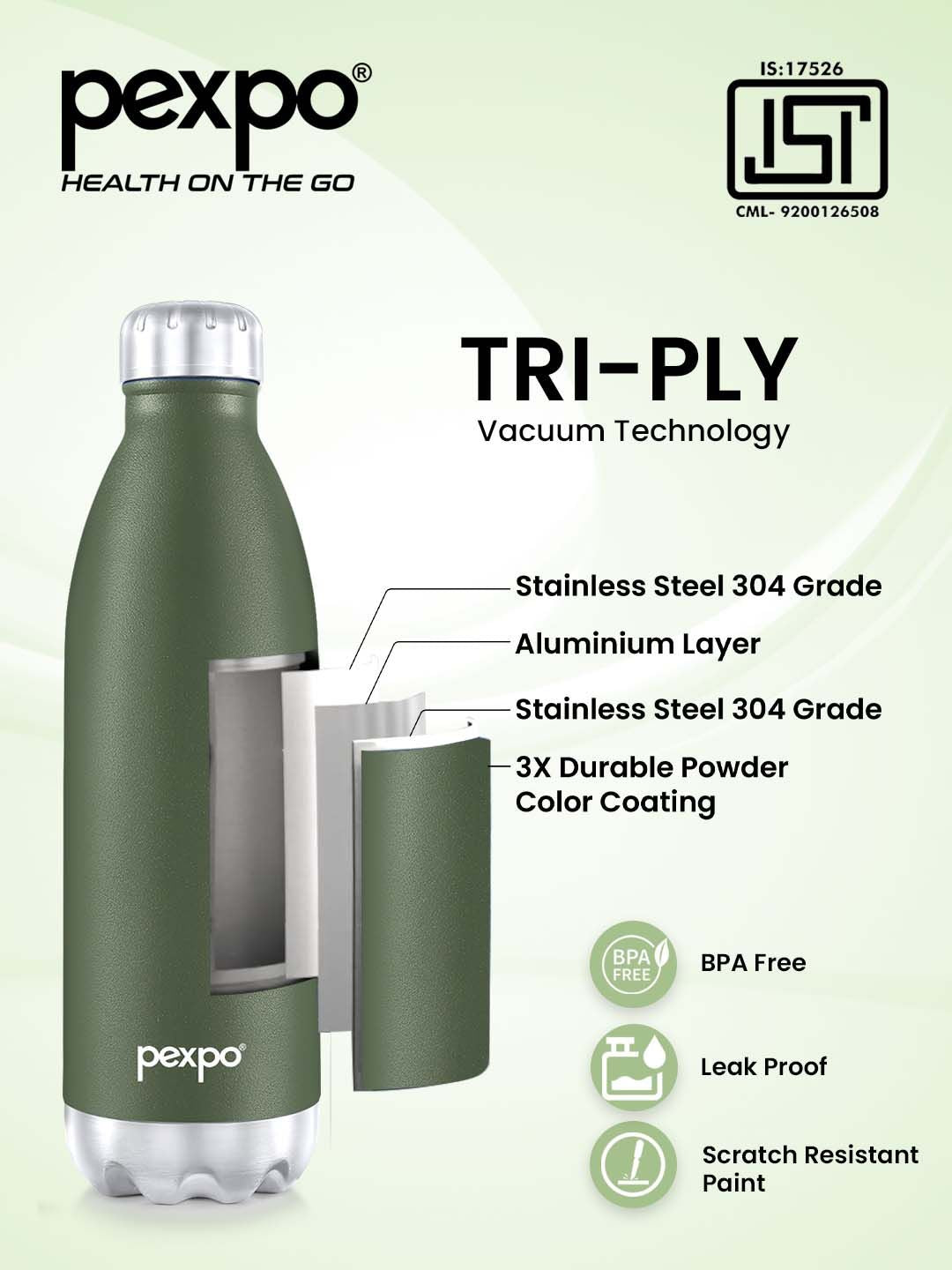 Pexpo ELECTRO ISI Certified Thermosteel 24 Hrs Hot & Cold Green Water Bottle- 1800ml