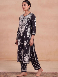 House of Chikankari Women Ethnic Motifs Embroidered Regular Thread Work Chanderi Silk Kurta with Trousers