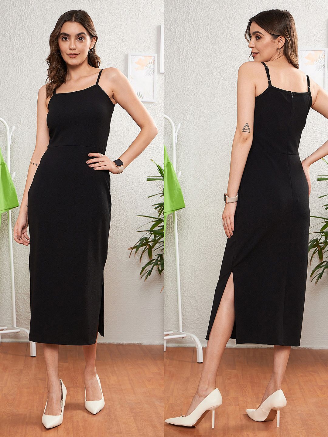 SASSAFRAS worklyf Shoulder Straps Bodycon Dress With Shrug