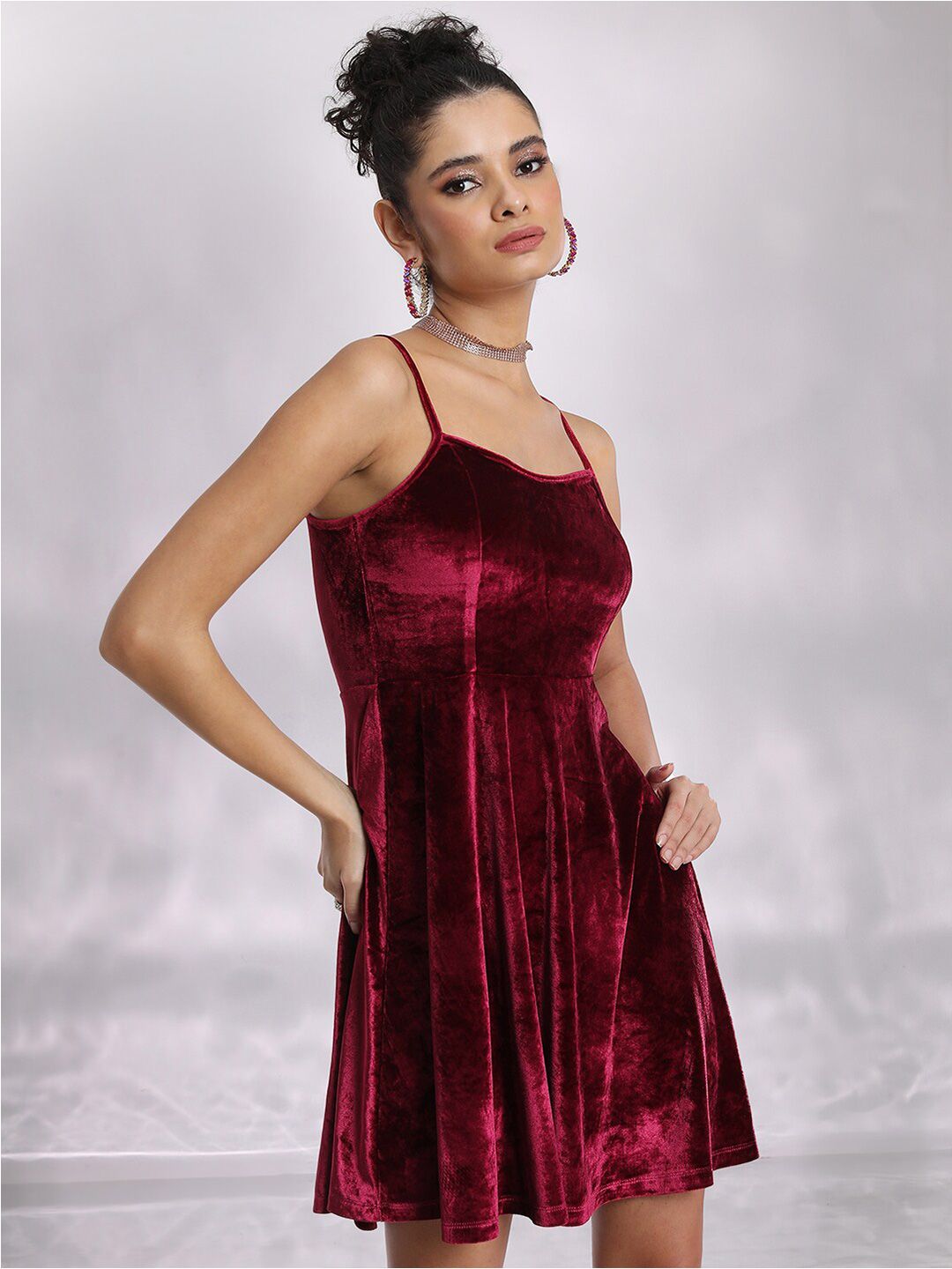 Tokyo Talkies Red Shoulder Straps Velvet Fit & Flare Dress