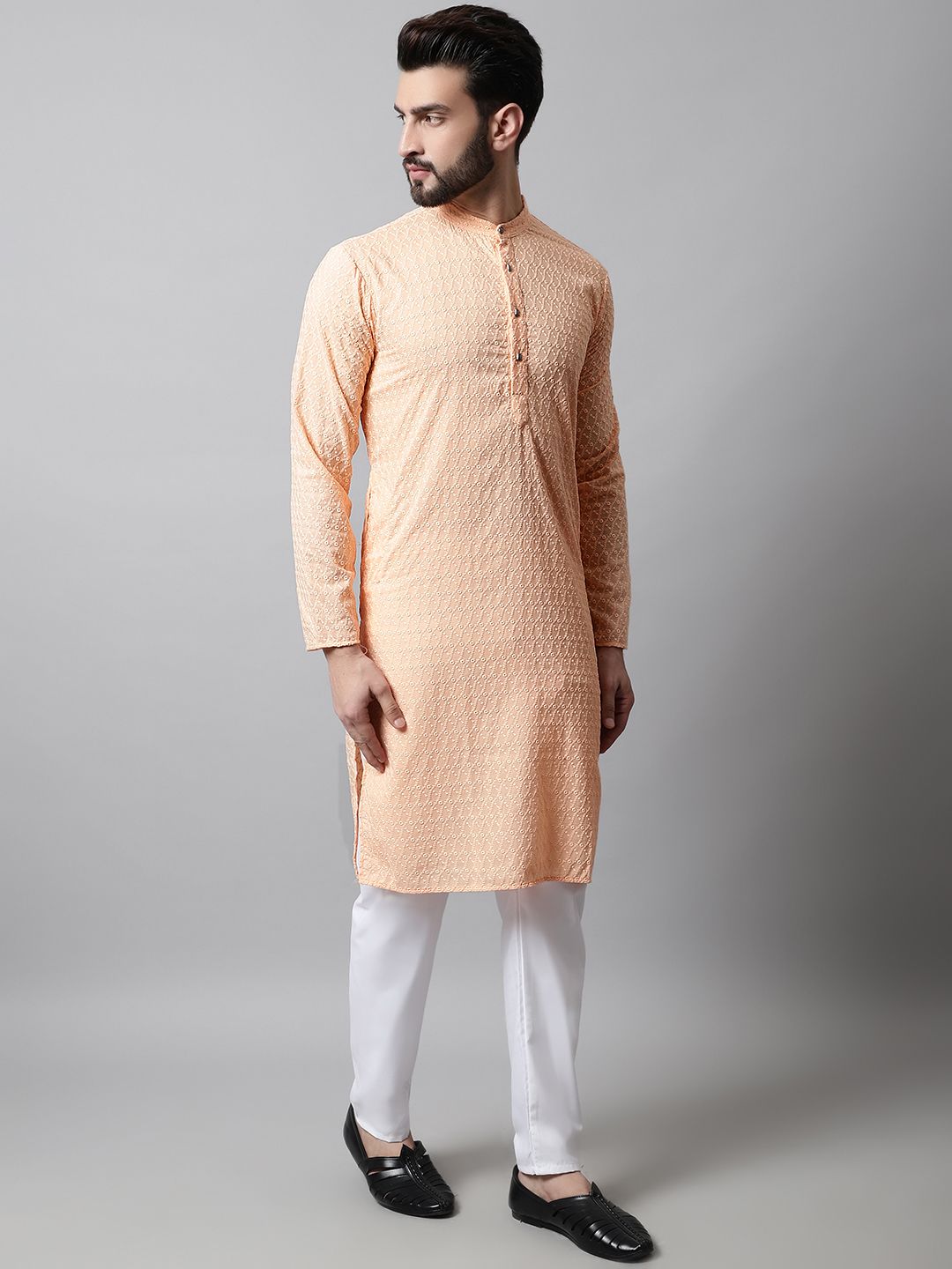 Jompers Men Orange Embroidered Chikankari Pure Cotton Kurta with Pyjamas