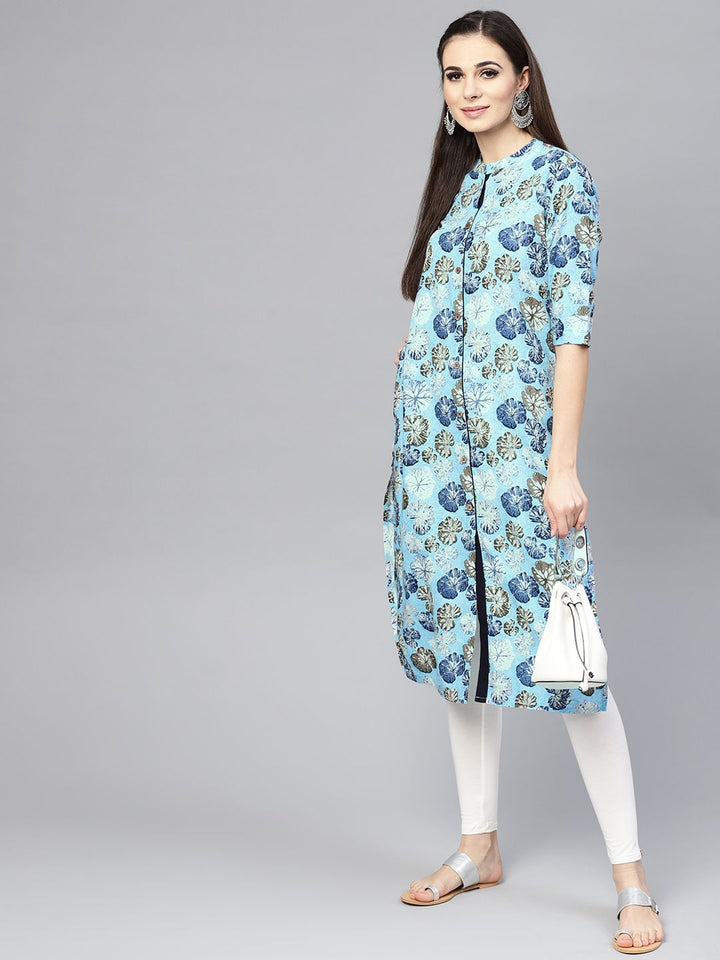 SOJANYA Wanita Biru & Kelabu Floral Printed Kurta Lurus