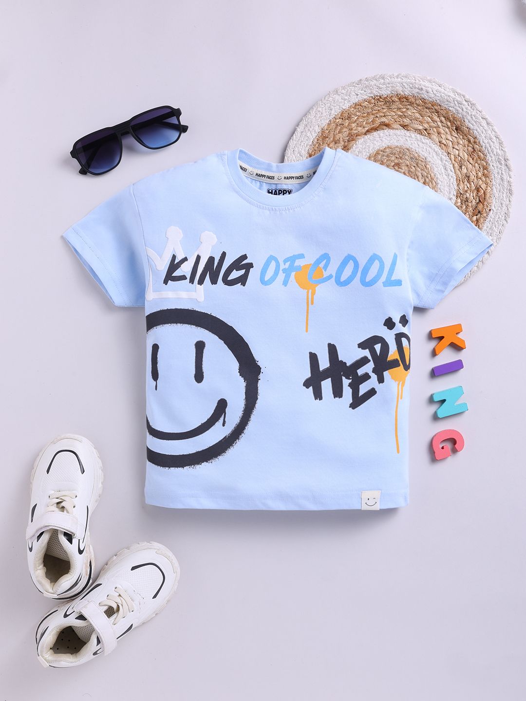Happy Faces Kids Boys Typography Printed Pure Cotton T-Shirt
