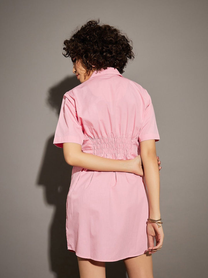 SASSAFRAS Pink Shirt Collar Cotton Shirt Mini Dress