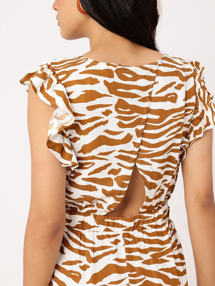 DressBerry Fierce Charm Pleated Cut-Out Animal Printed Cropped Basic Jumpsuit
