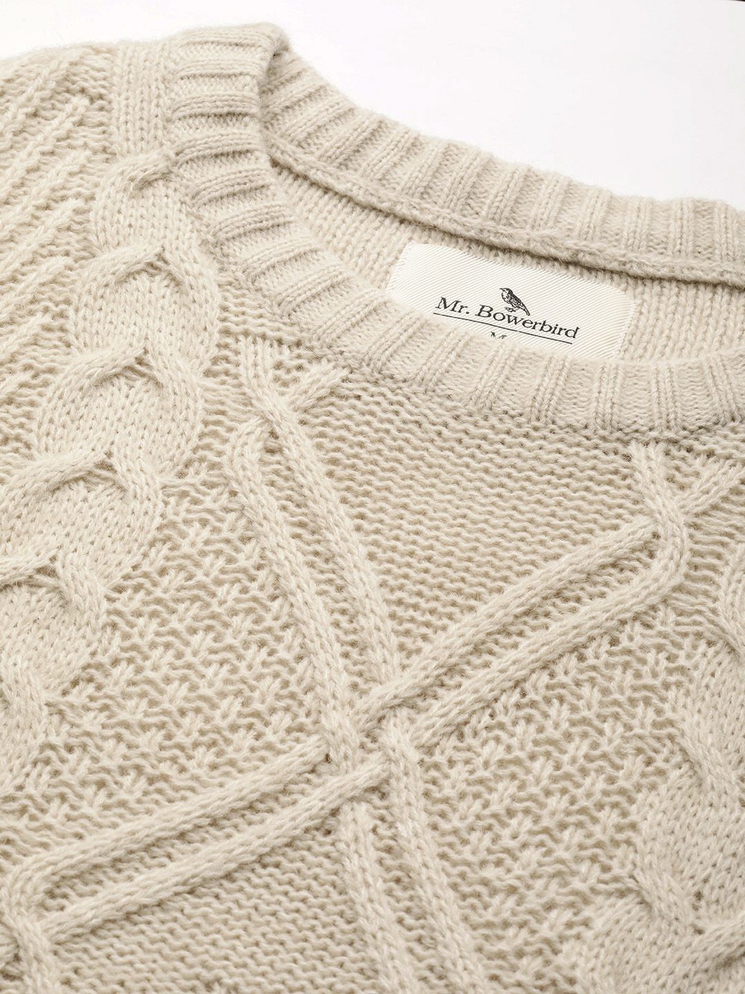 Mr Bowerbird Men Off-White Tailored Fit Cable Knit Pullover