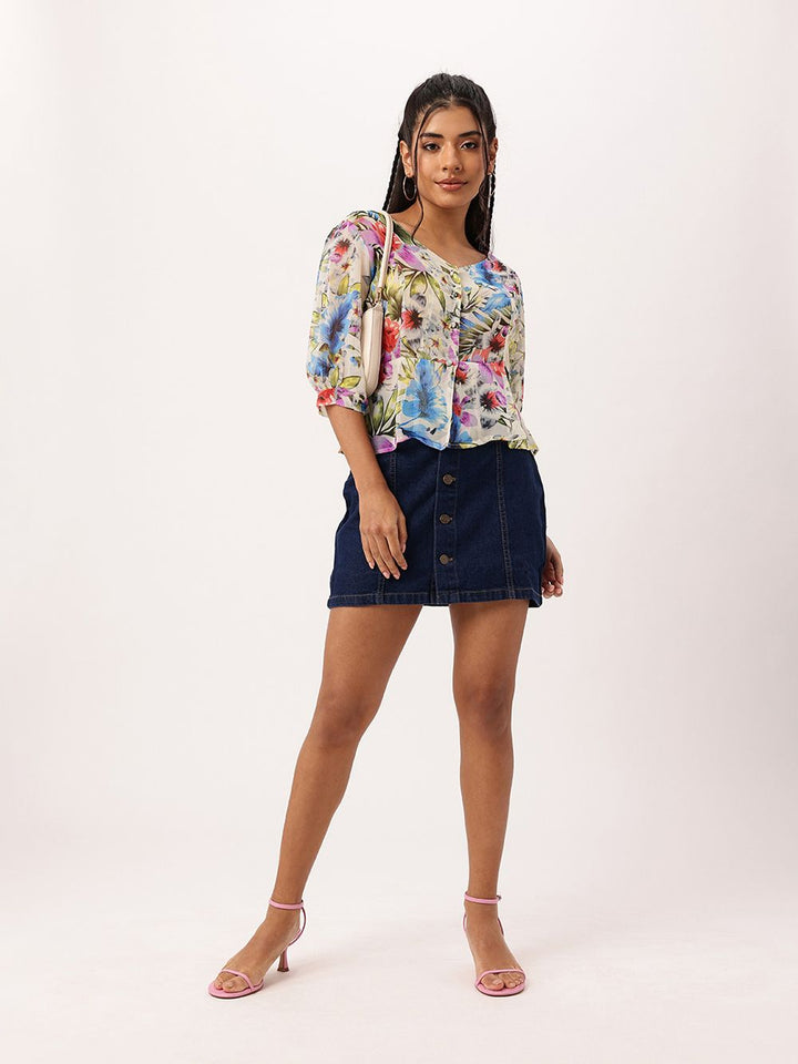 DressBerry Floral Fetish, Holiday Mood Printed Semi Sheer A-Line Top