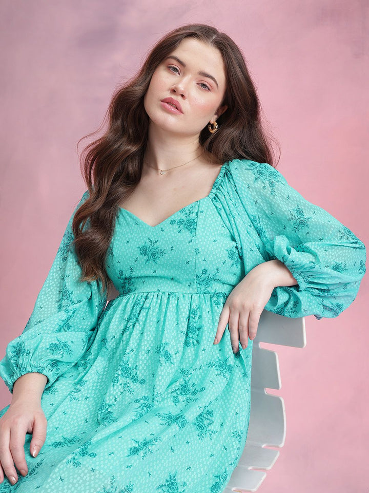 DressBerry Floral Print Puff Sleeve Fit & Flare Dress