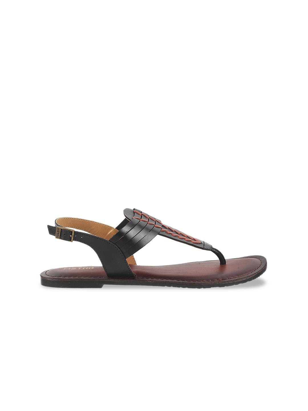 Metro Braided Leather T-Strap Flats With Buckle Closure