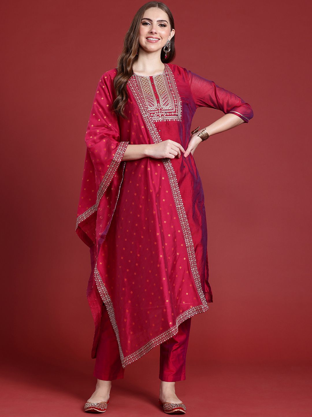 Anouk Women Ethnic Motifs Zari Work Yoke Design Regular Kurta With Trousers & Dupatta