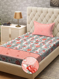 KLOTTHE Pink & Grey Printed 300TC Single Bedsheet & Pillow Cover