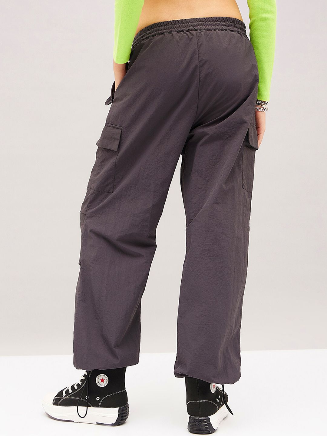 SASSAFRAS Grey Women Straight Fit Travel Features Parachute Cargos Trousers