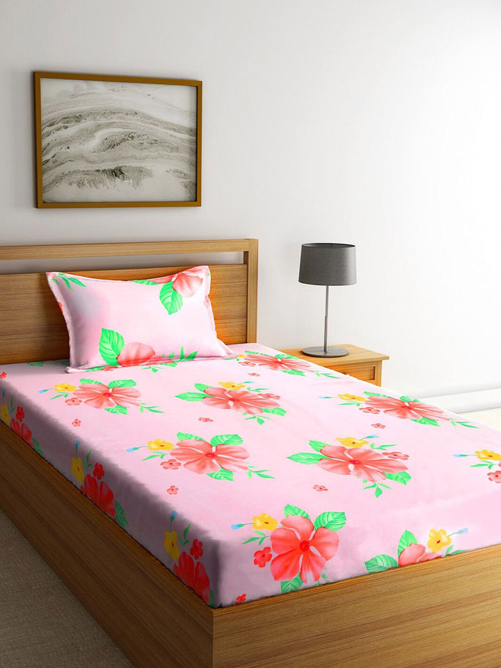 KLOTTHE White & Pink Geometric 210 TC Polycotton 2 Single Bedsheet with 2 Pillow Covers