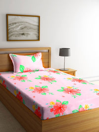 KLOTTHE White & Pink Geometric 210 TC Polycotton 2 Single Bedsheet with 2 Pillow Covers