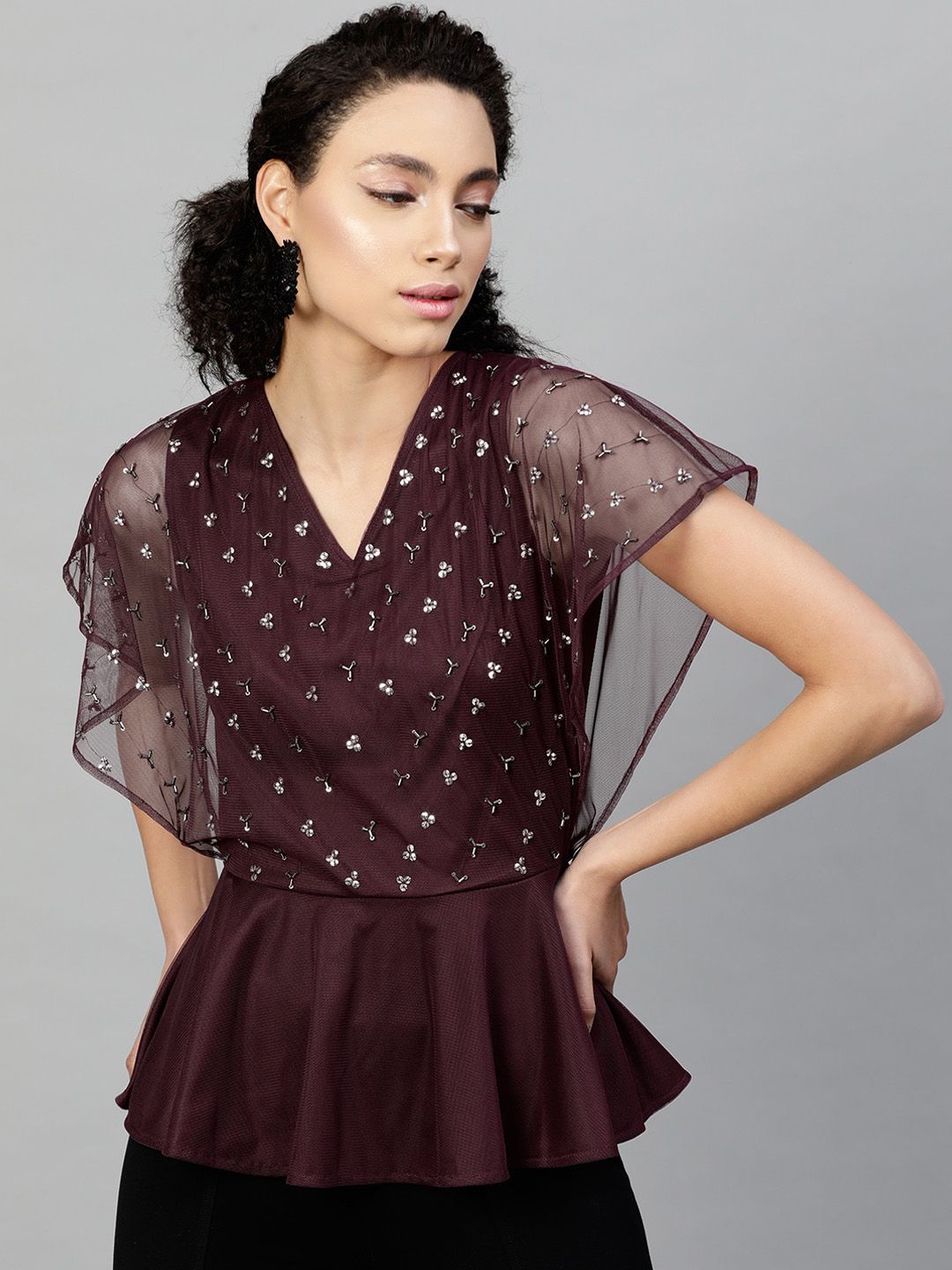 STREET 9 Burgundy Embellished Net Peplum Top