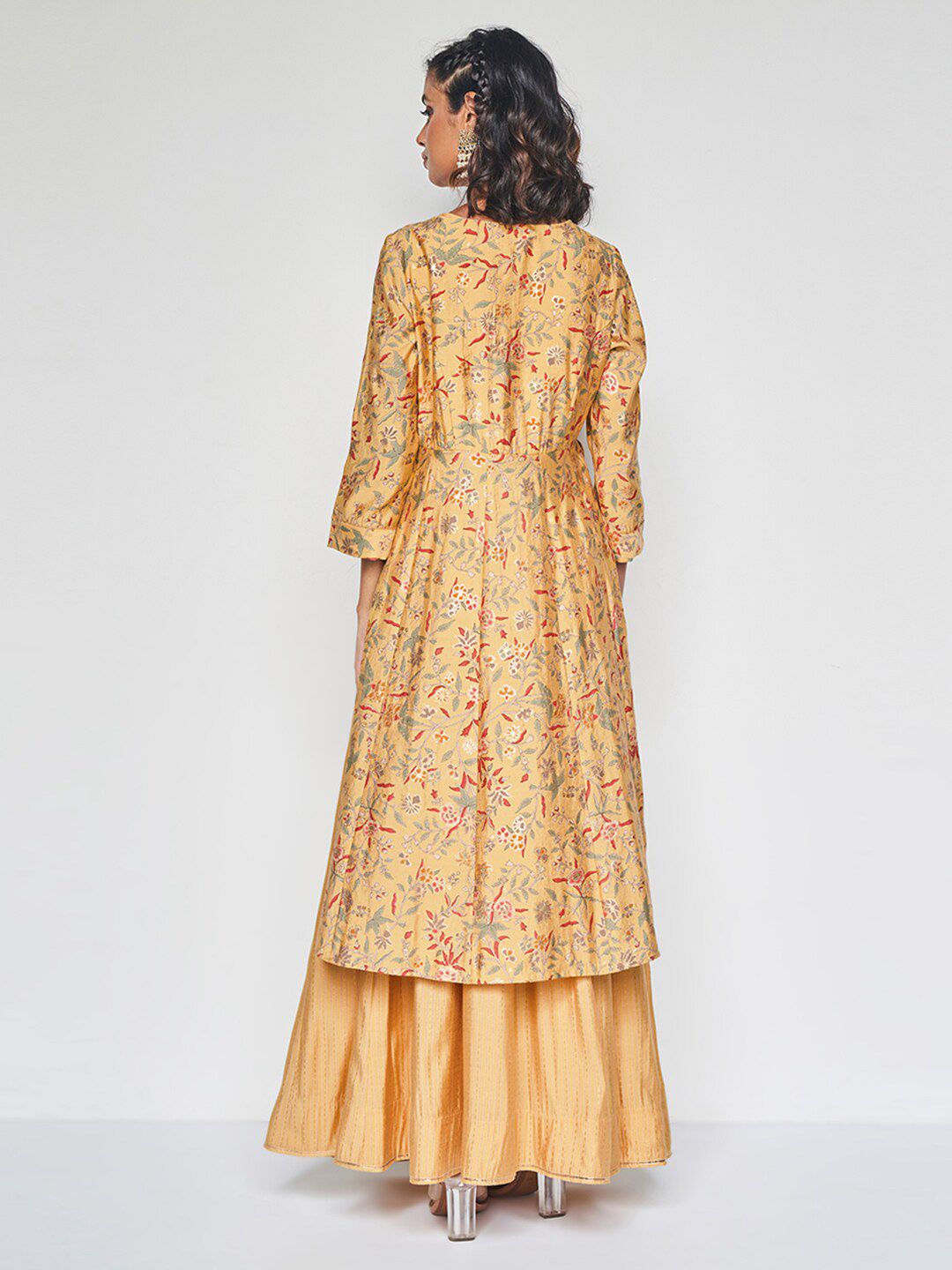 Global Desi Floral Printed Thread Work Kurta With Skirt