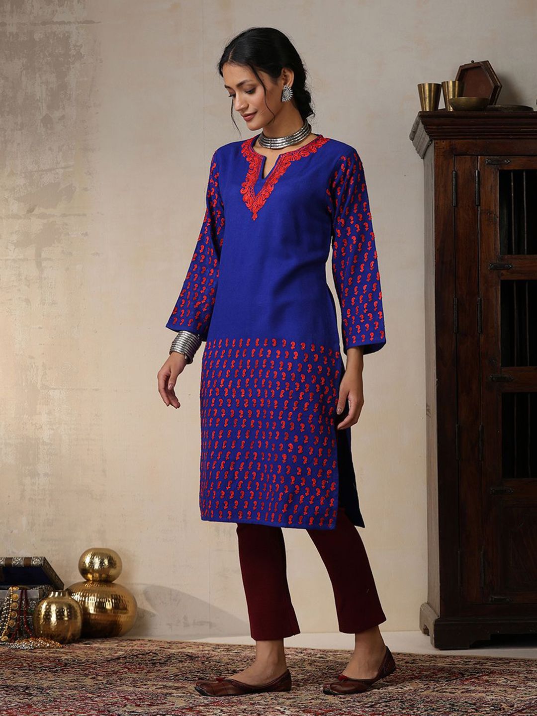 House of Chikankari Women Royal Blue Woollen Aari Embroidered Kurta