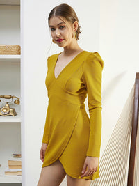 Berrylush Yellow Puff Sleeves V-Neck Wrap Mini Dress
