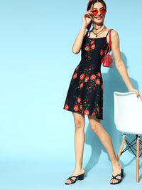 Berrylush Navy Blue & Red Floral Print Crepe A-Line Dress