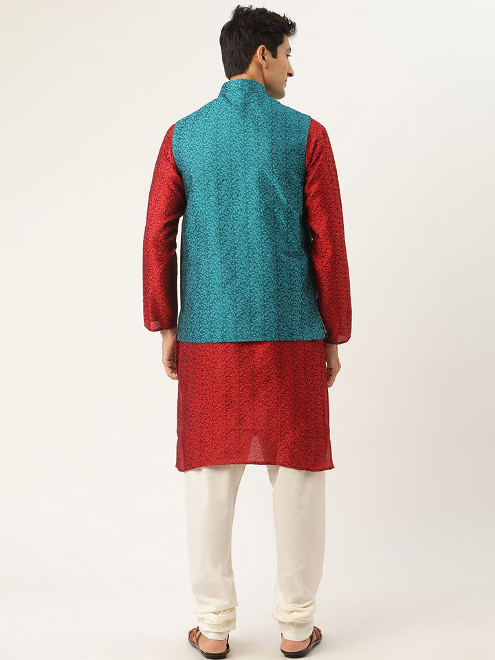 SOJANYA Men Maroon & Teal Blue Woven Design Kurta with Churidar & Nehru Jacket
