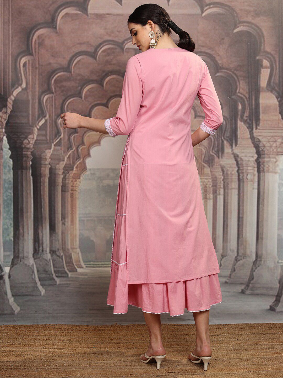 Vishudh Pink Floral Embroidered Tiered Cotton Fit and Flare Midi Dress With Shrug