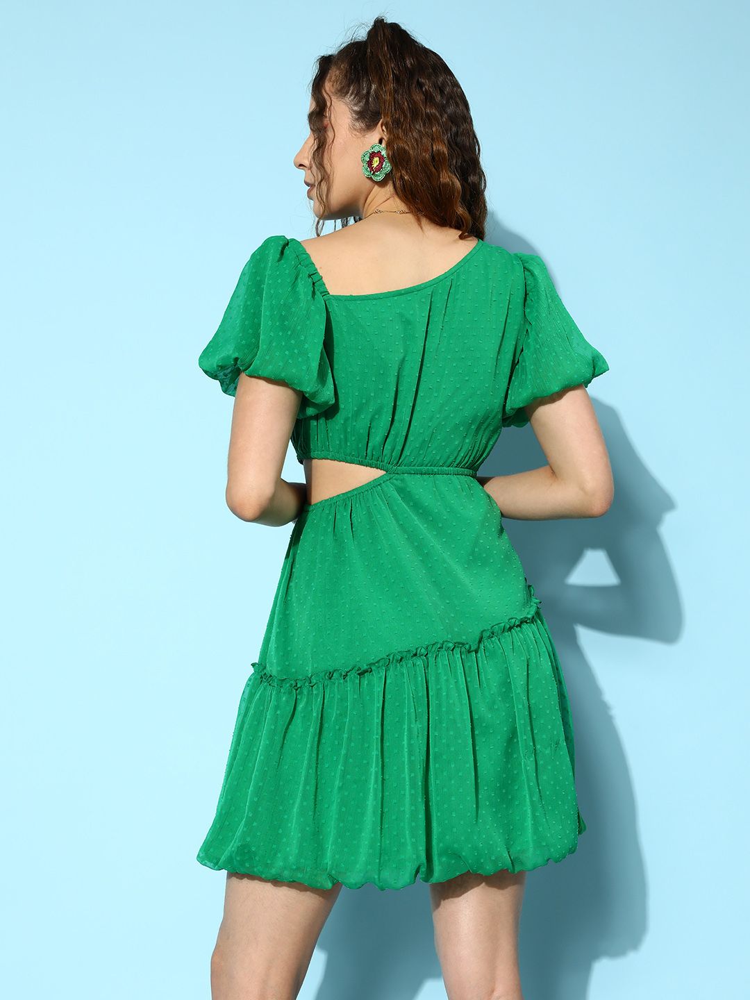 Antheaa Self Design Puff Sleeve Chiffon Fit & Flare Mini Dress
